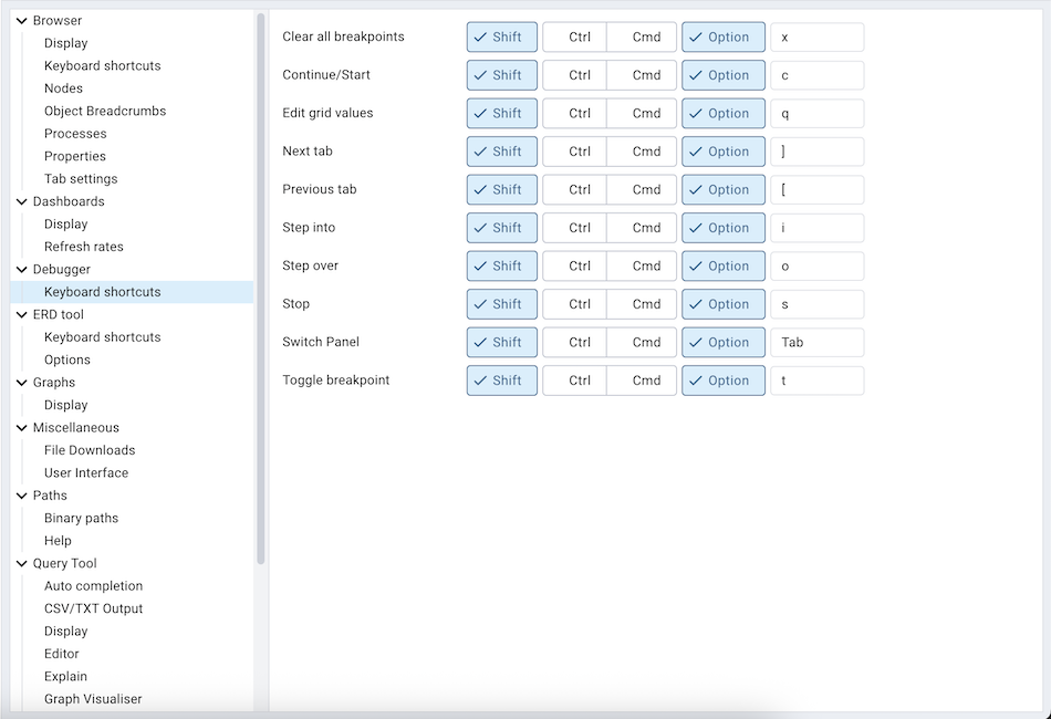 Preferences debugger keyboard shortcuts section
